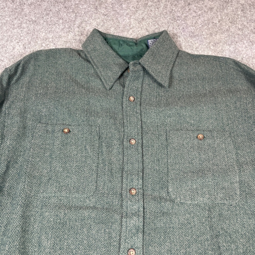 Vintage John Blair Shirt Mens Large Green Herringbone Button Down Long Sleeve
